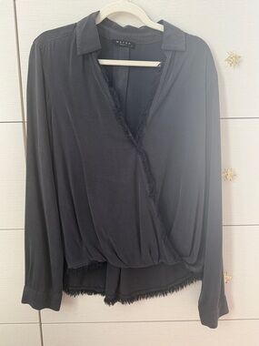 Maven West Black Draped Fringe-Trim Wrap Blouse